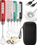 YUSWKO Red Rechargeable Milk Frother for Coffee, Handheld Drink Mixer with 3 Heads 3 Speeds, Ideal Coffee Frother Wand for Travel