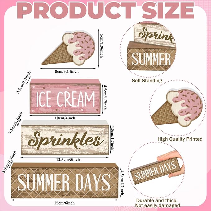 Lineshading 4 Pcs Ice Cream Summer Tiered Tray Decor Table Block Signs | Wooden Farmhouse Rustic Home Decorations, Kitchen Tabletop Centerpieces, Ice Cream Theme Sprinkles Design, Summer Gift