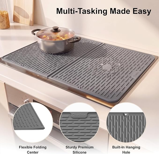 Foldable Silicone Stove Top Cover – 20"x28" Stove Top Covers for Electric Stove, Glass Top Stove Cover, RV Stove Top Cover & Dish Drying Mat (Gray, 28''x20'')