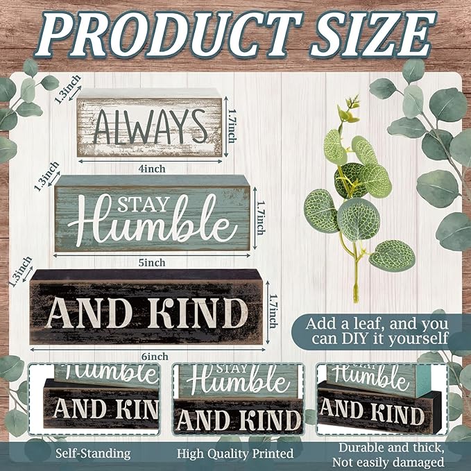 Lineshading 4 Pcs Inspirational Farmhouse Table Decor Wooden Shelves Signs | Always Stay Humble and Kind Quote, Rustic Wooden Blocks, Eucalyptus Accent, Tiered Tray Tabletop Home Decor Gift