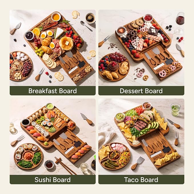SMIRLY Charcuterie Board Set with Serving Accessories, Bamboo Brown | Housewarming and Wedding Gift for Couples, Designed for Movie Nights, Wine Nights and Serving Snacks at Home Gatherings