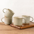 GBhome 12 OZ Stackable Coffee Mugs Set of 4, Ceramic Coffee Cups Set | 4 Assorted Designs, Embossed Mugs with Texture Patterns for Tea/Coffee, Dishwasher&Microwave Safe, Pale Khaki