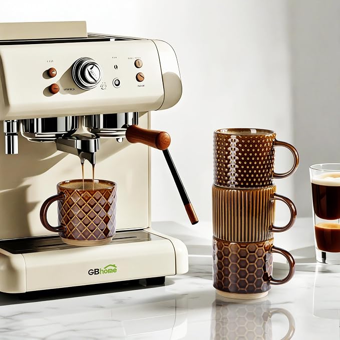 GBhome 6 OZ Stackable Coffee Mugs Set of 4, Ceramic Coffee Cups Set | 4 Assorted Designs, Embossed Mugs with Texture Patterns for Espresso/Tea, Dishwasher&Microwave Safe, Caramel