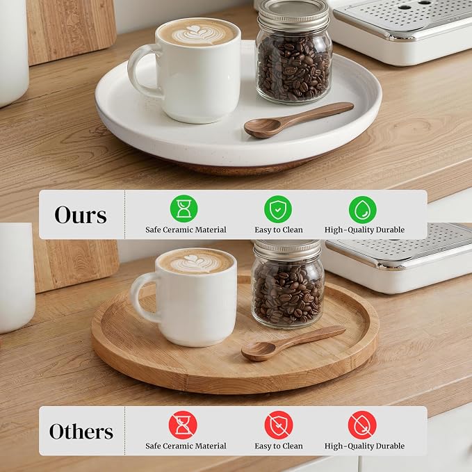 Ceramic Lazy Susan Turntable Organizer, 10.3 Inch Round Rotating Tray with Acacia Wood Base, White Speckled Glazed Spice Rack for Kitchen Countertop, Dining Table,Farmhouse Decor，Khaki White
