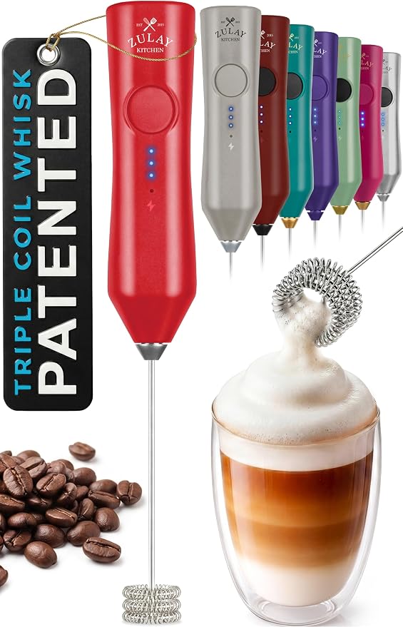 Zulay Kitchen Rechargeable Milk Frother Handheld - Frother Wand, Drink Mixer, Electric Whisk Frother, for Cappuccinos, Matcha & Protein Powder - Dynamic Triple Whisk, 3 Speed 500mAh Red