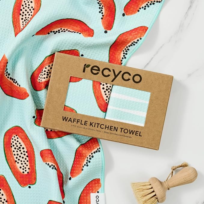 RECYCO Waffle Kitchen Towel Set of 2 - Quick Dry Microfiber Sustainable Dish Towels - Ultra Absorbent Reusable Cleaning Tea Towels - Lightweight Hand Towels,16”x 28”, Papaya Joy