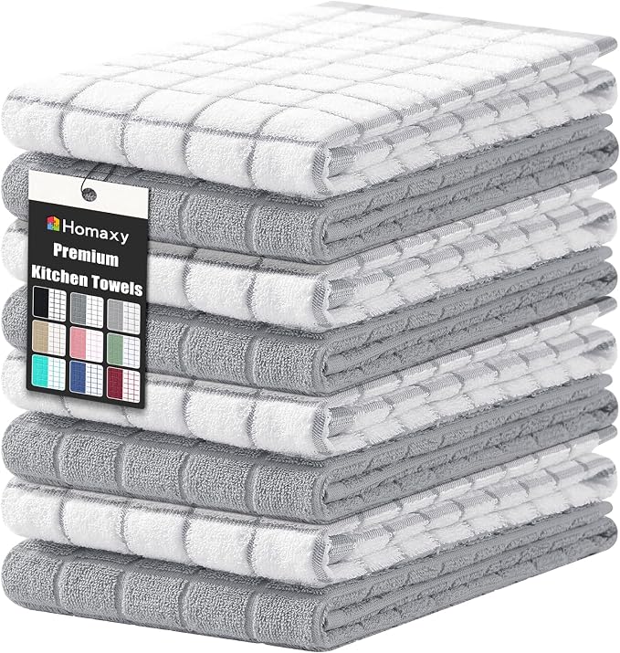 Homaxy Large Premium Cotton Kitchen Towels 16"x 28", 8 Pack, Light Grey | Natural Ring Spun 390 GSM Dish Towels, Super Absorbent Terry Kitchen Hand Towels, Soft Tea Towels with Hanging Loop