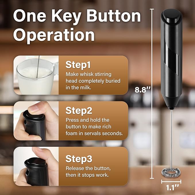 YSSOA Electric Milk Frother Handheld Battery Operated Automatic Milk Foam Whisk Drink Mixer for Coffee, Frappe, Latte, Matcha, Black