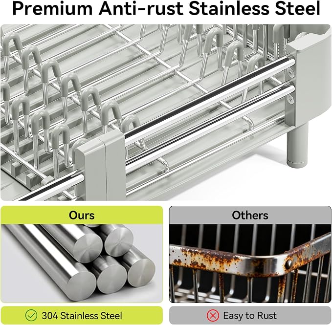 Urackify Extendable Stainless Dish Drying Rack for Kitchen Counter | 13.78"W x 18.7"L, Foldable Drainboard for Space Saving, Knife and Utensil Holder, Fast-draining Spout, Soft Celery Green