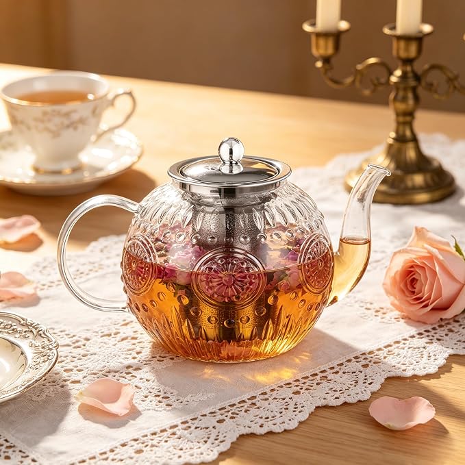 Amzcku 50OZ/1500ml Vintage Glass Teapot with Removable Infuser – Stovetop Safe, Borosilicate Glass Tea Kettle for Blooming & Loose Leaf Tea