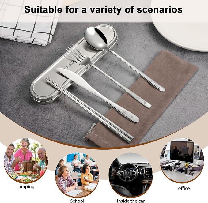 INKULEER Travel Cutlery Set - 18/8 Stainless Steel Reusable Utensils with Metal Case, Portable Silverware for Camping, Office, Travel & Outdoor Dining