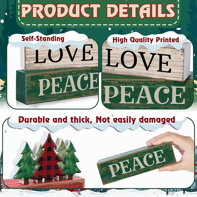 Lineshading 4 Pcs Christmas Table Decor Christmas Tree Block Signs Joy Love | Stacked Wood Signs with Plaid Trees, Rustic Farmhouse Tiered Tray Decor for Home, Distressed Finish