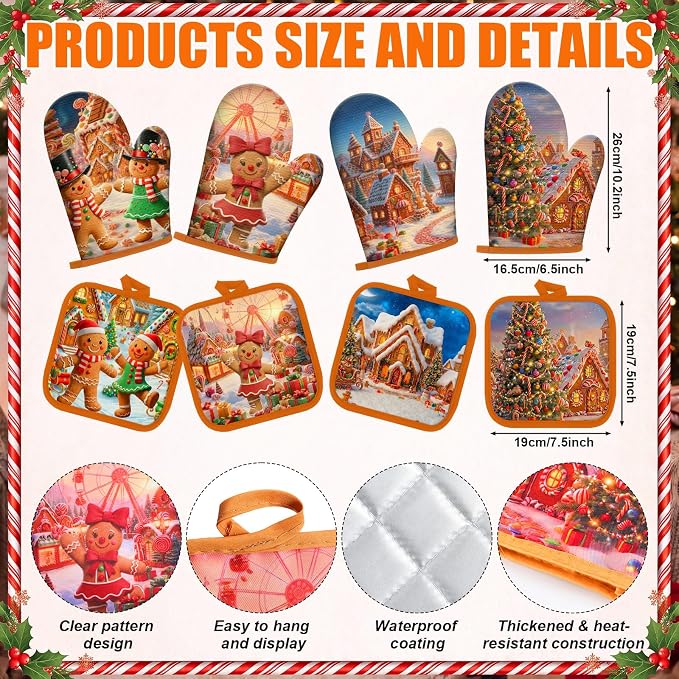 Silifine 12 Pcs Christmas Oven Mitts Pot Holders Kitchen Towels Sets | Gingerbread Man Kitchen Accessories Dish Towels Potholders Resistant Glove for Cooking Baking Home Housewarming Gift