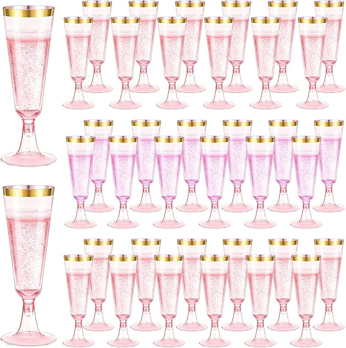 100 Pack Pink Plastic Champagne Flutes with Gold Rim, 5.5 Oz Clear Disposable Plastic Champagne Glasses, Wine Glasses Cups for Wedding Celebration Birthday Party Wine Tasting New Years Eve Supplies
