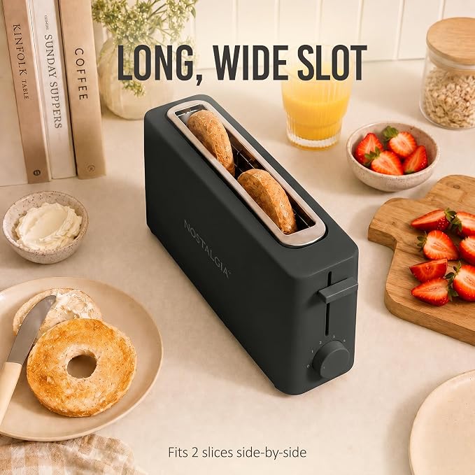 Nostalgia Slim 2-Slice Toaster – Wide Slot – Space-Saving Design – Adjustable Browning Dial – 10-inch Long Slot Fits 2 Slices of Bread or Bagel Halves – Drop-down Crumb Tray – Blackberry