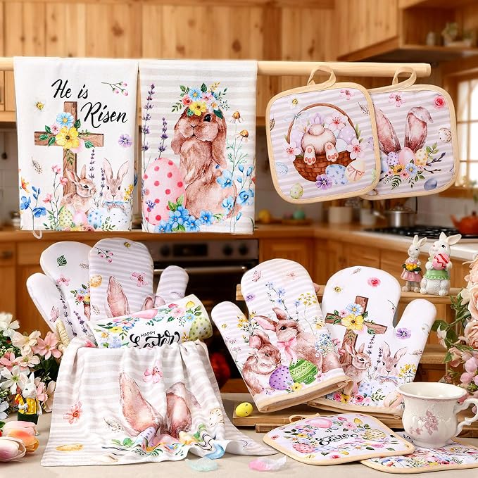 SiliFine 12 Pcs Easter Kitchen Accessories Set Easter Bunny Egg Oven Mitts Pot Holders Kitchen Towels He is Risen Christian Religious Decorations for Home Accessories, Cooking Baking Gifts