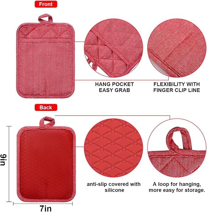 Pot Holders Yarn-Dyed Set of 3 Non Slip Silicone Kitchen Lines | Heat Resistant 500℉ Kitchen Gloves BBQ Cooking Baking Women Men Cooking Barbecue Microwave Machine Washable (Red Potholders)