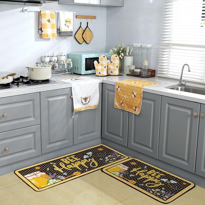 Fourluoo 10 Pcs Bee Themed Kitchen Decor Set Dish Towels Kitchen Rugs Oven Mitts and Pot Holders for Cooking Baking Grilling Women Mom Gift
