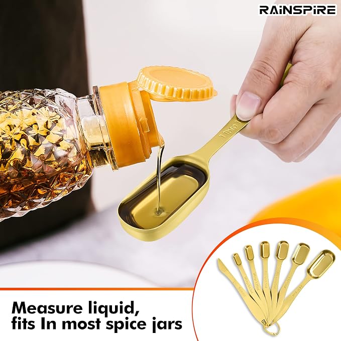 Heavy Duty Measuring Spoons Set Stainless Steel, Metal Measuring Cups and Spoons Set for Dry or Liquid, Fits in Spice Jar, Home Gadgets Kitchen Gadgets, Set of 7 Including Leveler, Gold