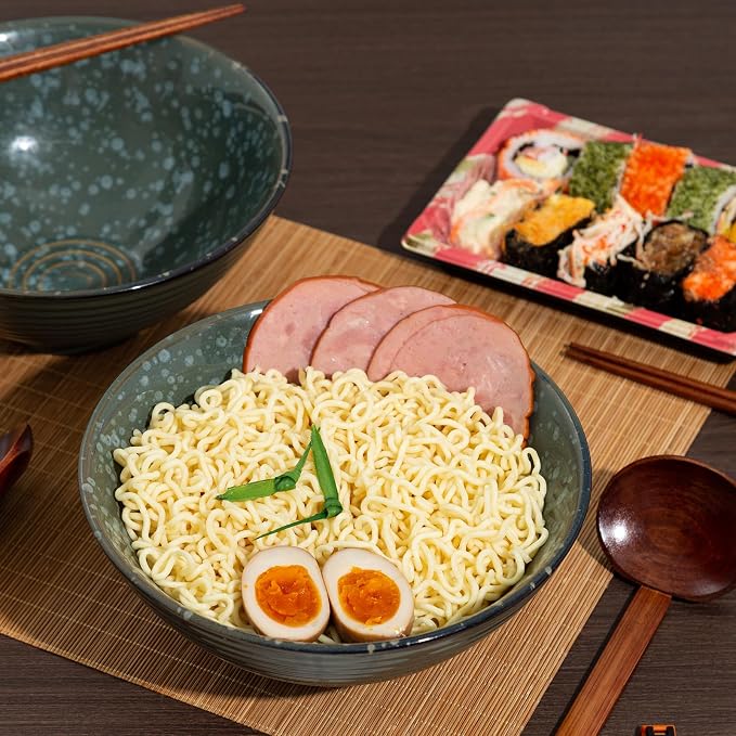 8 Inch Ceramic Ramen Bowl Set of 2, 40oz Japanese Bowls with Spoons & Chopsticks,Durable,Microwave & Dishwasher Safe,Perfect for Ramen,Pho,Salad,Soup,Noodles，Mixing bowls（Jade Green）