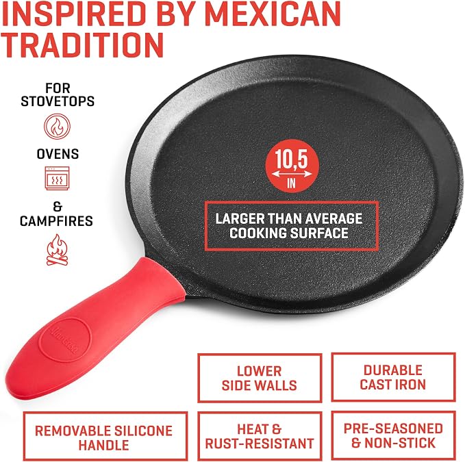 Uno Casa Cast Iron Comal Pan 10.5 Inch - Skillet for Roti, Tawa/Dosa Pan Pataconera, Comales para Tortillas - Comal Para Tortillas Grande - Cast Iron Griddle
