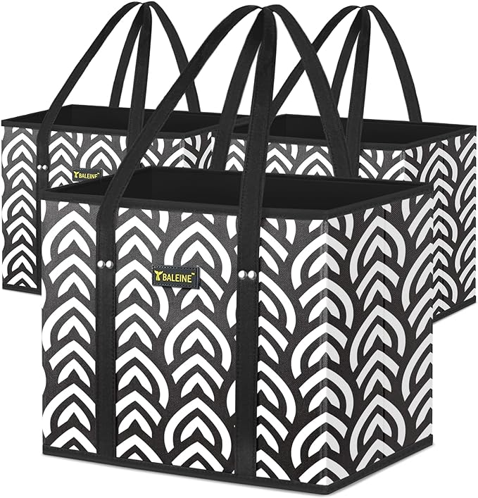 BALEINE 3PK Reusable Grocery Bags, Heavy Duty Shopping Tote Bag | 12'' Long Handles, Reinforced Bottom Keeps Upright, Fold Flat Storage, Water-Resistant Shopping Bag, Multiple Color Options