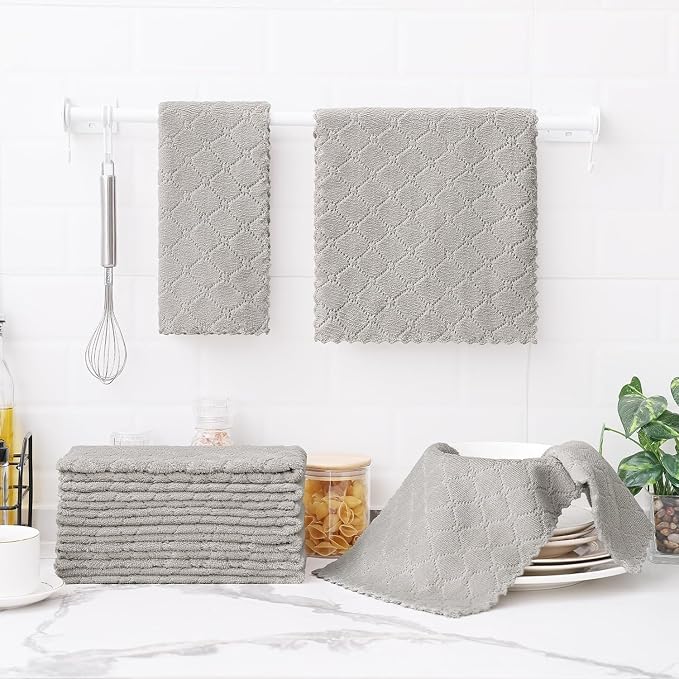Homaxy 18 Pack Super Soft Absorbent Dish Towels, 10" x 20", Grey | Coral Velvet, Nonstick Oil Fast Drying Microfiber Cleaning Cloth, No Lint Dishcloths for washing and drying