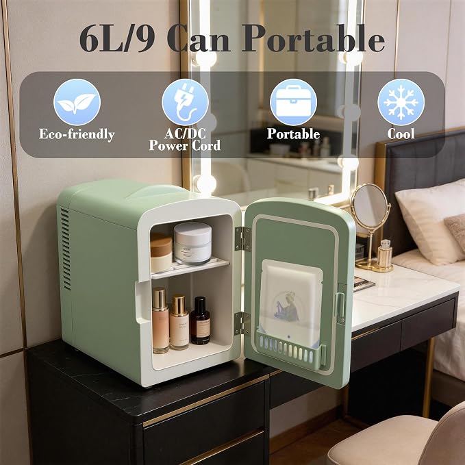 Mini Fridge, 6 Liter /9 Cans Makeup Fridge with Dimmable LED Mirror - Green | Compact Mini Skincare Fridge for Beauty & Beverages, Dual-use Portable Tiny Fridge for Bedroom, Desk, Office, Home, Car, Gift