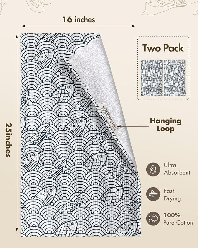 370GSM Cotton Waffle Kitchen Towels, Fish | Pure Cotton, Sustainable, Waffle Weave, Terry Cloth, Highly Absorbent, Decorative, 16"x25", with Hanging Loop