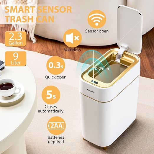 Pukomc Automatic Small Sensor Trash Can with Touchless Lid | 2.3 Gallon / 9L Smart Garbage Can, Quiet Close White Gold Waste Bin - Perfect for Kitchen, Living Room & Small Spaces