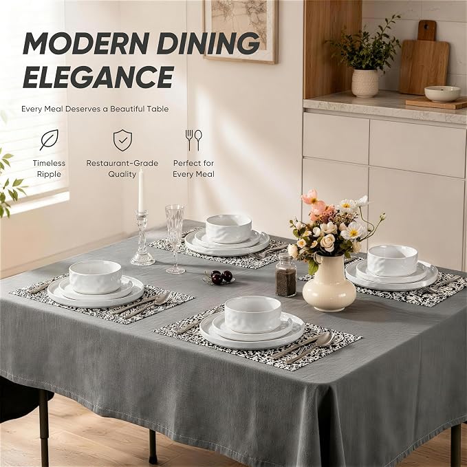 E-far Stoneware Dinnerware Set, 12-Piece White Plates and Bowls Sets for 4 | Modern Ripple Design Dishes Set for Kitchen Dining, Chip & Scratch Resistant, Microwave & Dishwasher Safe, Speckled White