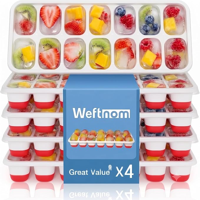 Ice Cube Trays with Lids for Freezer, 4 Pack Silicone Set, 56 Cubes | BPA-free ice molds with sturdy PP frames pop cubes out easily; stackable, dishwasher safe for whiskey, cocktails & baby food