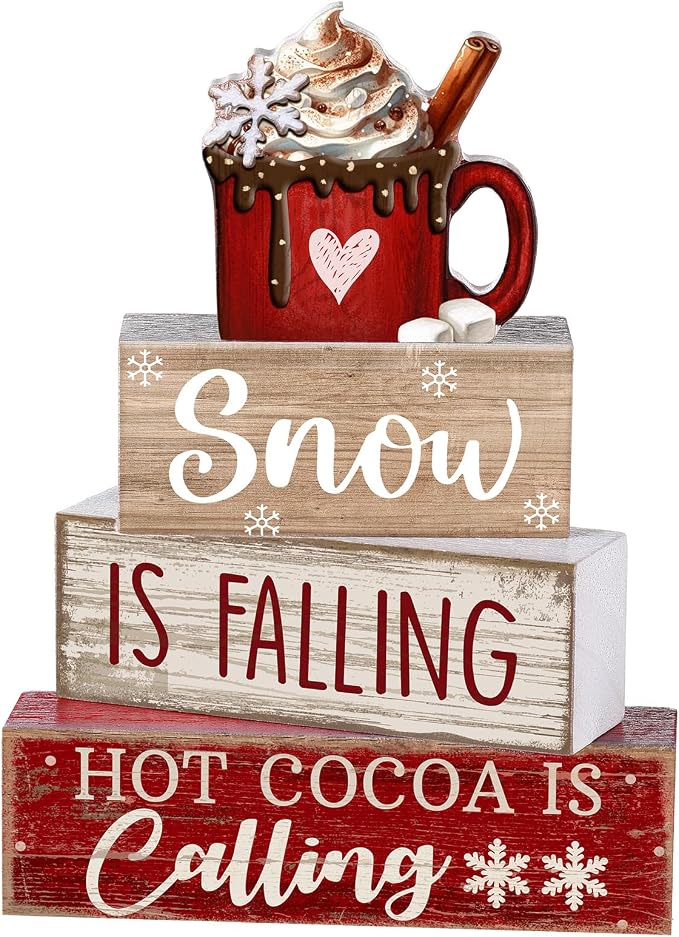 Lineshading 4 Pcs Winter Tiered Tray Set, Hot Cocoa Wood Block Signs | Rustic Farmhouse Decor for Christmas, Wooden Snow Theme Signs with Mug Topper, Layered Tabletop Display, Cozy Winter Accents