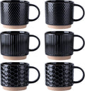 GBhome 12 OZ Stackable Coffee Mugs Set of 6, Ceramic Black Coffee Cups Set | 3 Assorted Designs, Embossed Mugs with Texture Patterns for Tea/Latte/Cappuccino, Dishwasher&Microwave Safe