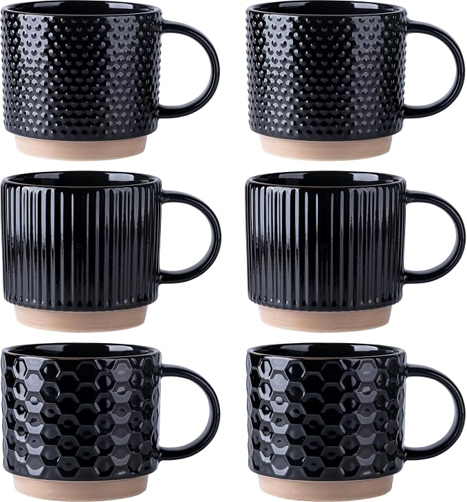 GBhome 12 OZ Stackable Coffee Mugs Set of 6, Ceramic Black Coffee Cups Set | 3 Assorted Designs, Embossed Mugs with Texture Patterns for Tea/Latte/Cappuccino, Dishwasher&Microwave Safe