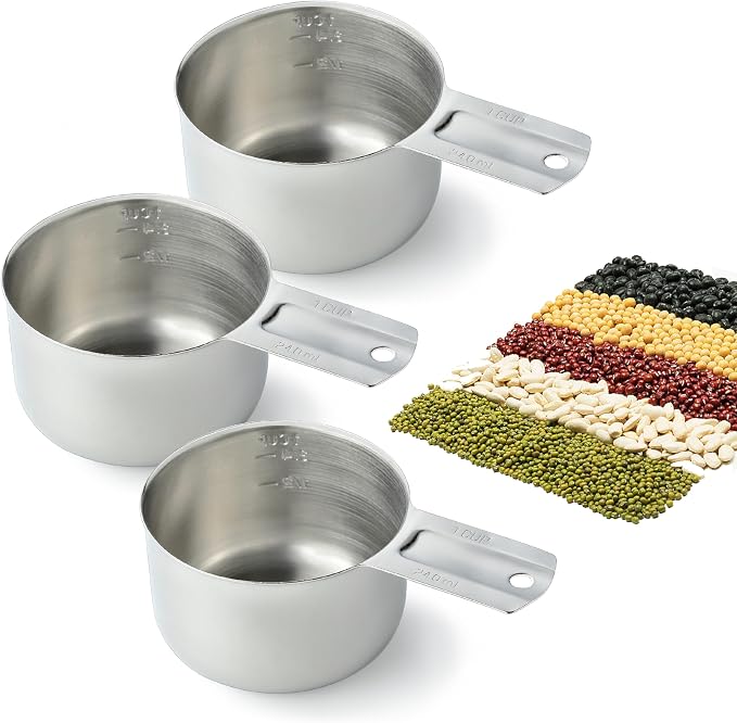 3PCS Measuring Cup, HIA 1 Cup Stainless Steel Metal Measuring Cups with Ergonomic Handle, Great for Wet and Dry Ingredients