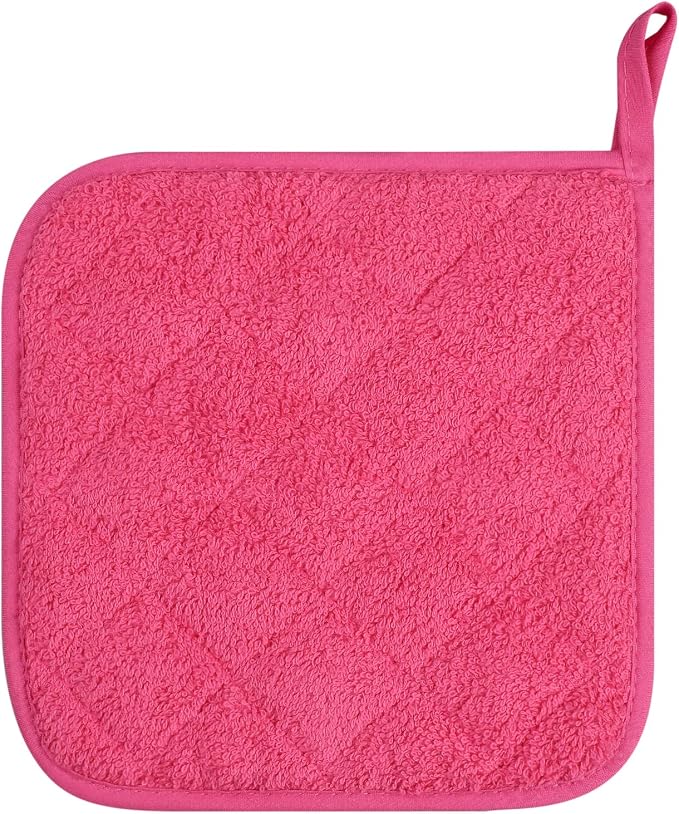 100% Cotton Kitchen Everyday Basic Terry Pot Holder Heat Resistant Coaster Potholder for Cooking and Baking Set of 5 (Dark Pink)
