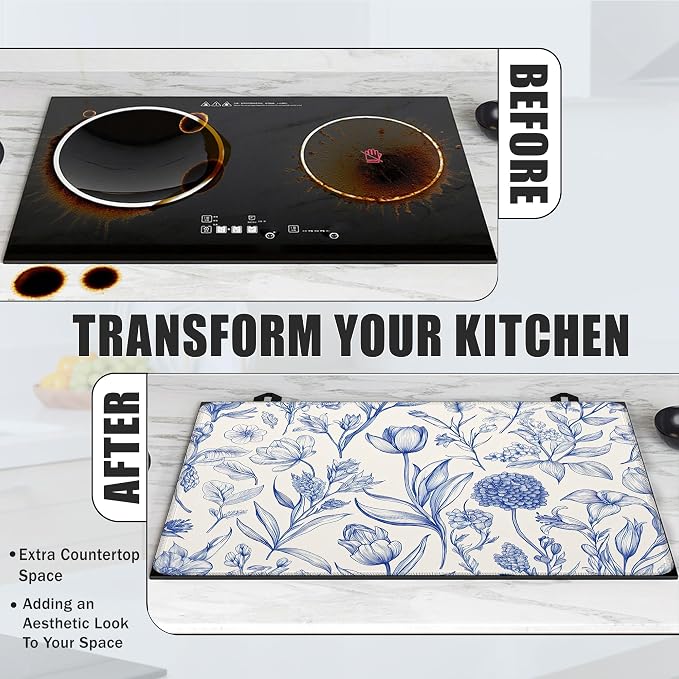 Retro Blue Floral Glass Top Stove Cover Protector,Spring Flower Stove Top Covers for Electric Stove,Washable Heat Resistant Cooktop Mat Anti-Slip Range Covers, 28 x 20 Inch