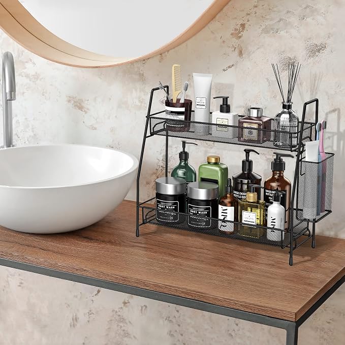 Bathroom Organizer Countertop, Spice Rack Organizer for Cabinet,Black | 2-Tier Bathroom Counter Organizer,Vanity Organizer Corner Shelf with Small Basket for Sink,Kitchen,Bedroom,Living room,Office