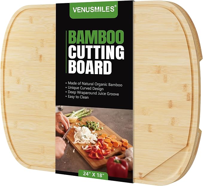 Bamboo Cutting Board For Kitchen, 24"L x 18"W x 1"H, Extra Large Butcher Block Chopping Board with Deep Juice Grooves & Back Inner Handle, Large Charcuterie Board - Natural