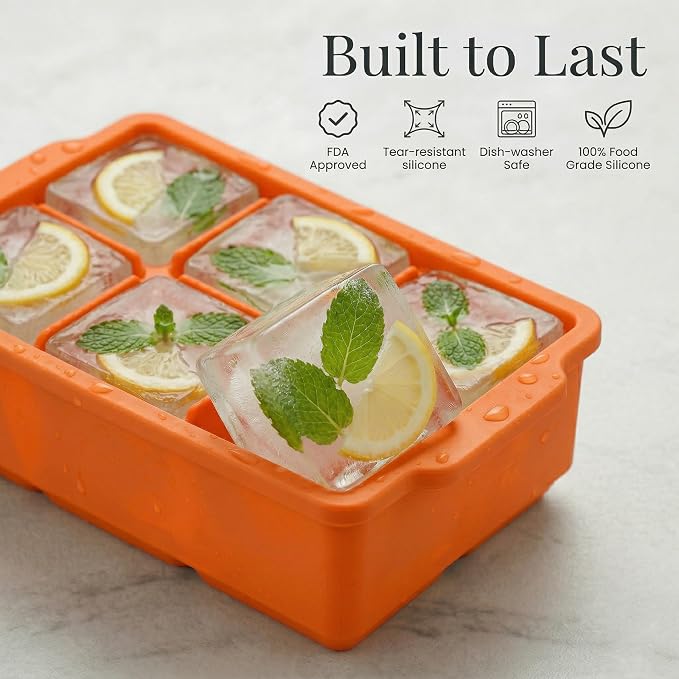 KitchFort® Large Silicone Ice Cube Tray (2-Pack) - 2" Big Ice Mold with Lid | Easy Release, Cocktail, Whiskey Ice Cubes Mold - Food Grade - Ice Cube Trays for Freezer - Stackable Silicone Ice Tray
