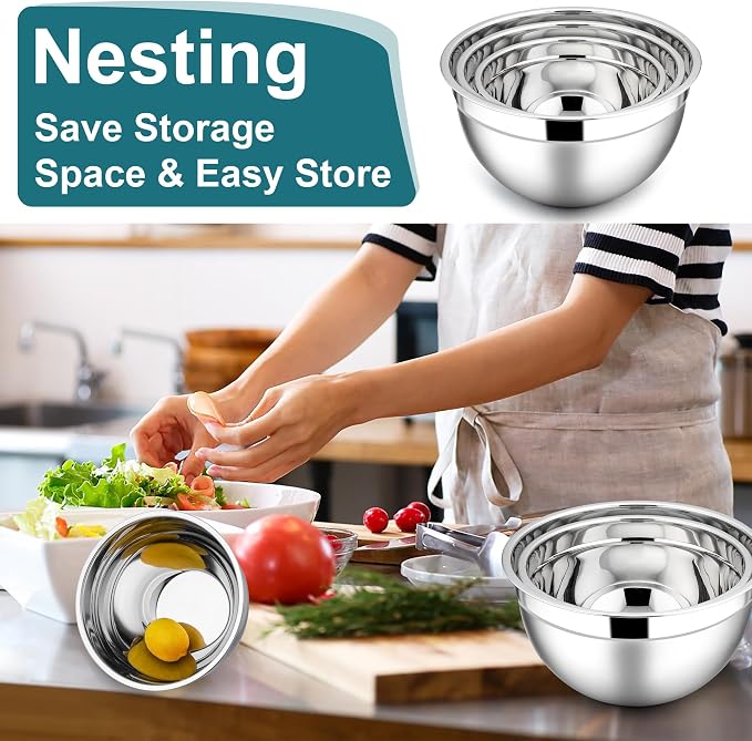 E-far Mixing Bowls with Lids Set, 6-Piece Stainless Steel Salad Bowls | Metal Nesting Cooking Bowls with Airtight Lid for Kitchen Storage, Baking & Prepping, Dishwasher Safe, 1.5/3/4.5 QT, Blue