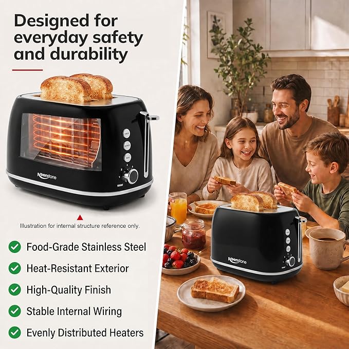 2 Slice Retro Stainless Steel Toaster with Bagel, Cancel, Defrost Function and 6 Bread Shade Settings Bread Toaster, Extra Wide Slot and Removable Crumb Tray (Black)