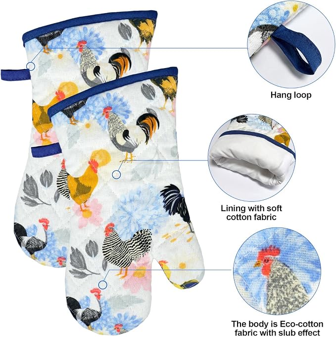 Alselo Oven Mitts and Pot Holders with Chef Apron,Kitchen Set of 5 | Heat Resistant Kitchen Gloves and Silicone Non-Slip Potholders Adjustable Neck Buckle Chef Apron, Rooster Design (Rooster)