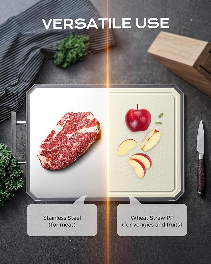 EXTRA LARGE Stainless Steel Cutting Board Set of 3 for kitchen | Non Toxic Metal Cutting Board,Double Sided Stainless Steel/Wheat pp Large for meat Dishwasher Safe,20*13.8+16*11+12*8.3 Inch