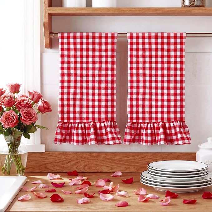 HunnmingRe 2 Pcs Red Gingham Kitchen Towels Cotton Ruffled | Checked Dish Towels 18"x28" Tea Cloths Plaid Cottage Core Kitchen Decor for Farmhouse Charm Drying Dishes Entertaining Guests