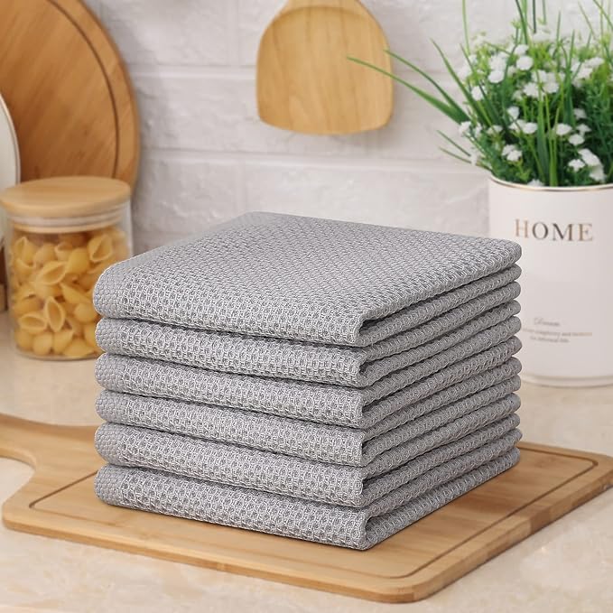 Kitinjoy 100% Cotton Waffle 6-Pack Kitchen Towels, 12" x 12", Light Grey | Ultra Absorbent, Super Soft, lightweight, Quick Drying Dish Rags for Washing Dishes