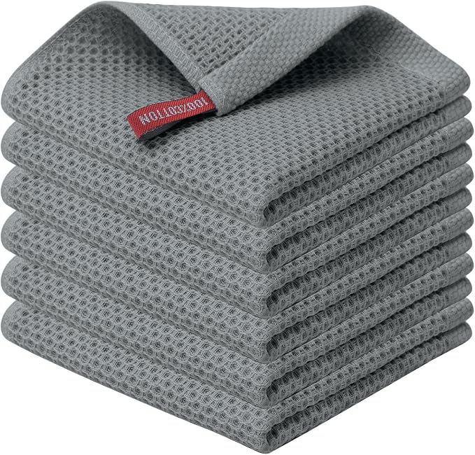 Kitinjoy 100% Cotton Waffle 6-Pack Kitchen Towels, 12" x 12", Grey | Ultra Absorbent, Super Soft, lightweight, Quick Drying Dish Rags for Washing Dishes