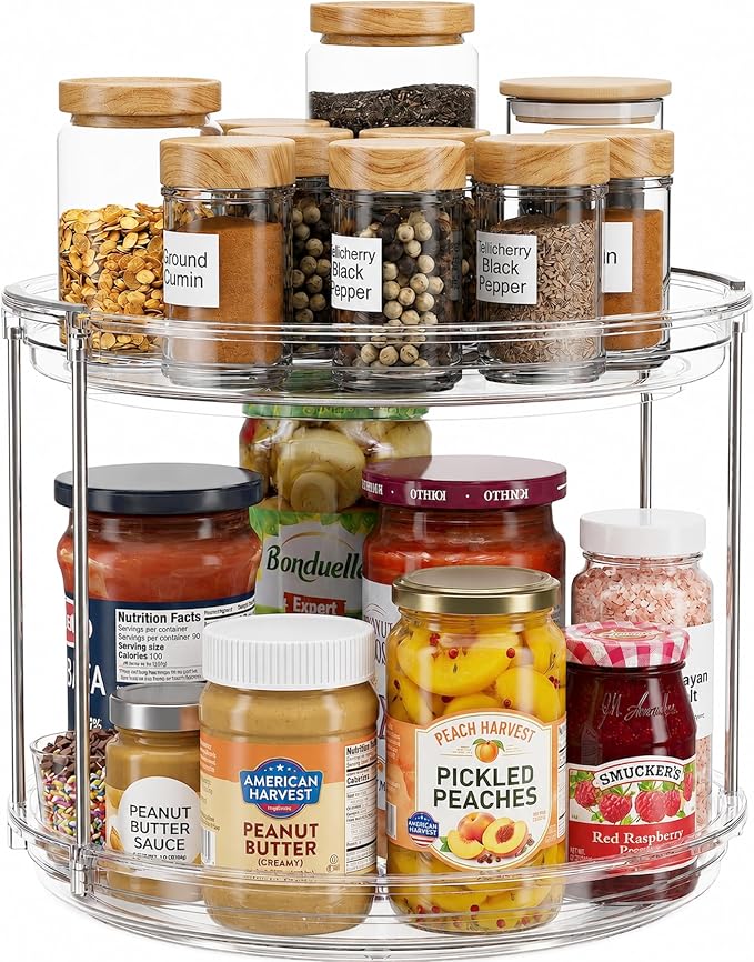 Oizeir 2 Tier Lazy Susan Organizer for Cabinet, Clear Acrylic Rotating Spice Rack Turntable for Kitchen, Pantry, Countertop, Bathroom, Vanity – Double Tier Storage Carousel with Metal Supports
