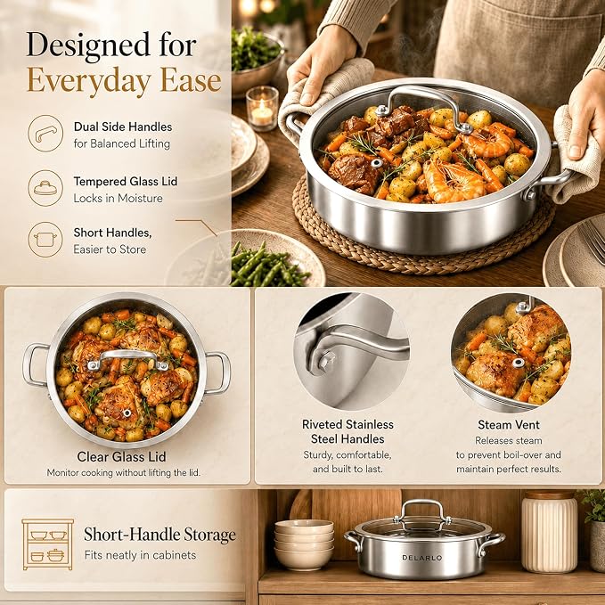 DELARLO Saute Pan 8QT, Frying Pan Nonstick with Lid, Tri-ply Stainless Steel Skillet, Large Braiser Induction, Everyday Pans, Heavy Duty Style, Compatible with All Cooktops Up to 660℉